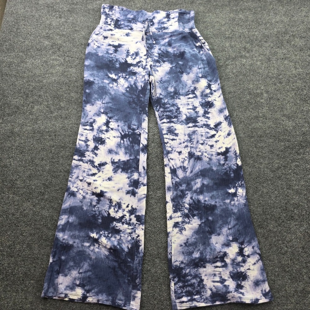 Peace & Pearls Tie Dye Wide Leg Pants Small Blue White Smocked High Waist Rayon
